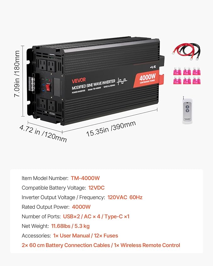 VEVOR 4000W Power Inverter, 12V DC to 120V AC Modified Sine Wave Inverter, Solar Car Charger Converter with LCD Display, Remote Control, 2 USB Ports, 4 AC Outlets, Type-C Port, for RV, Truck Outdoor