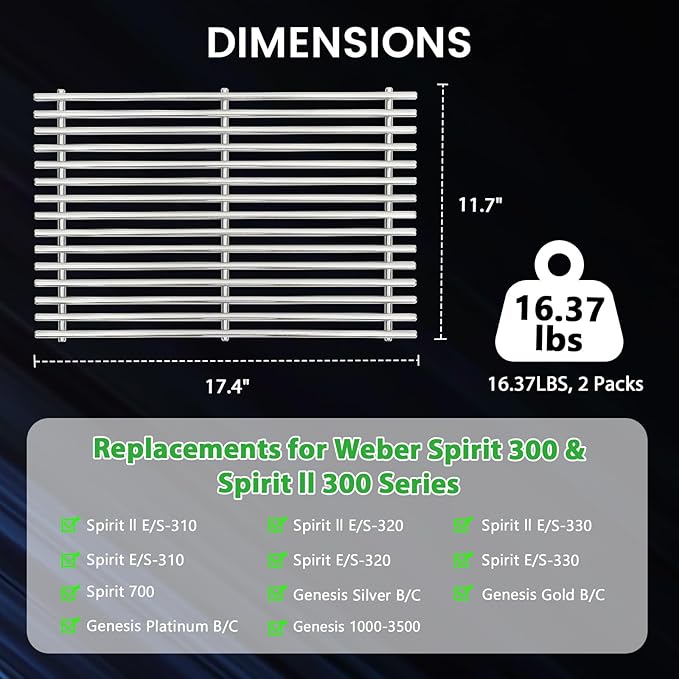 J&YNBBQ 17.4" 9mm Stainless Steel Grill Grates Replacement for Weber Spirit 300 & GS4 Spirit II 300 Series –, Fits E310, E320, E330, S310, S320, S330, Replaces Weber 7639, 7638, 7527 (2 Pack)
