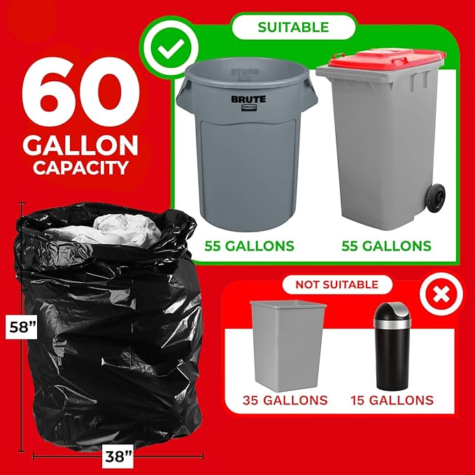 ToughBag 55 Gallon Trash Bags, 2.5 Mil Contractor Bags - 50 Count, Large 55-60 Gallon Trash Can Liners, Black Contractor Garbage Bags, 38 x 58" - Made in USA
