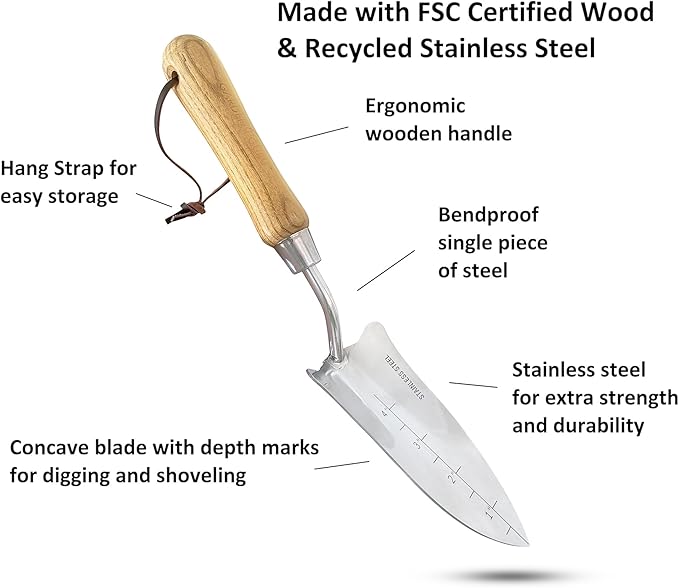 Garden Guru Eco Transplanter Trowel Shovel - 100% Recycled Stainless Steel - Rust Resistant - FSC Certified Ergonomic Wood Handle - Perfect Tool for Gardening Weeding Transplanting & Digging (2 Pack)