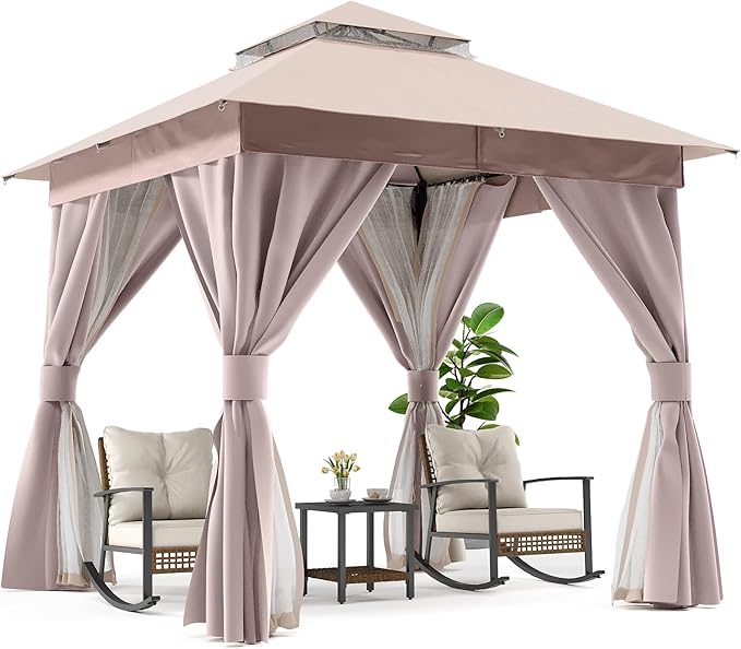 LAUSAINT HOME Outdoor Patio Gazebo 8'x8' with Expansion Bolts, Heavy Duty Gazebos Shelter Party Tent with Double Roofs, Mosquito Nettings and Privacy Screens for Backyard, Garden, Lawn, Khaki