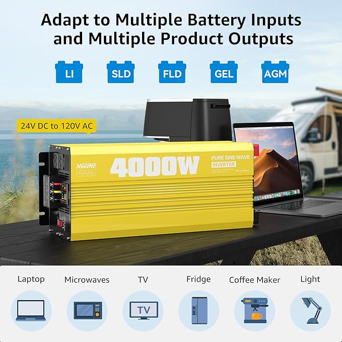 XWJNE 4000W Pure Sine Wave Power Inverter 24V DC to 120V AC Converter with LED Display and Remote Controller for Home, RV, Truck, Off-Grid Solar Power