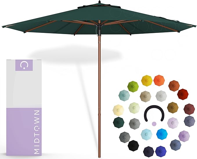 Midtown Umbrellas The Wooden 9 Feet Patio Umbrella With Terylast Forest (Dark Green) Polyester Fabric - Aluminum Frame Market Umbrella For Backyard, Deck, Garden, Pool - Wooden Pole