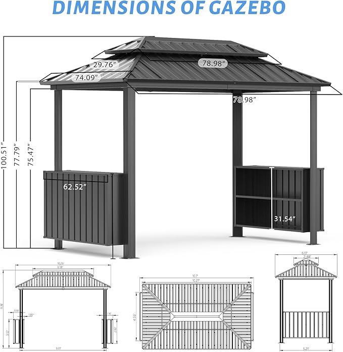 Domi 6'×10' Hardtop Grill Gazebo, Outdoor Metal BBQ Gazebo with Galvanized Steel Double Roof, 2 Double-Layer Storage Cabinets and Ceiling Hooks, Permanent Grill Canopy for Patio Backyard Garden,Grey