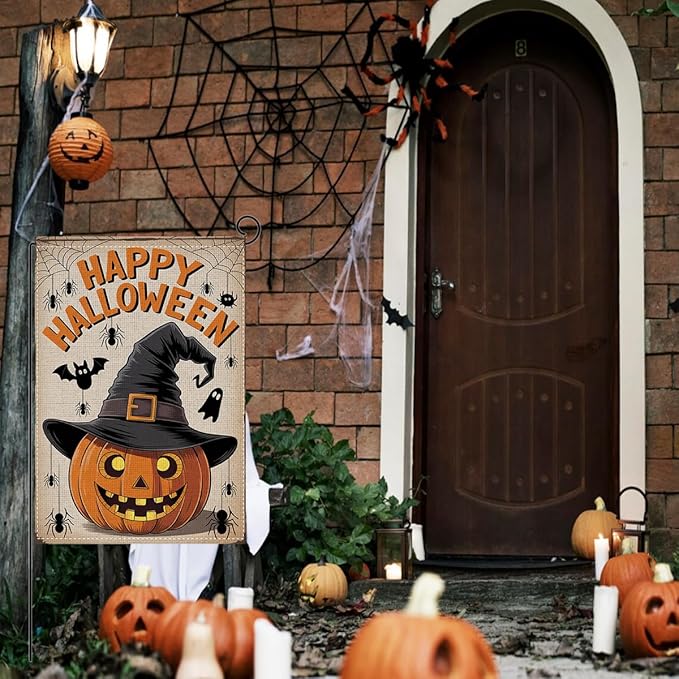 HTBIG Halloween Pumpkin Garden Flags, Happy Halloween Spooky Pumpkin Decor, Yard Flags for Outside 12x18 inch, Outside Yard for Home Decorations
