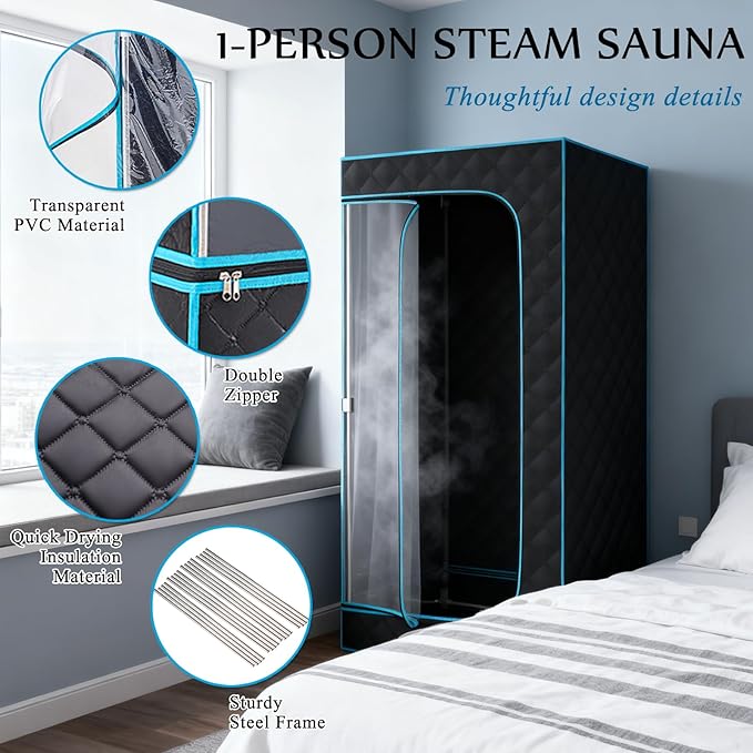 Sauna,Portable Steam Sauna,Fold-able Wet Sauna Tent Set with 2.5L 1500W Steamer,Full Size Home Sauna,with Folding Chair,Remote Control,Blue Sauna for Gym,Pilates,Garage,Hot Tub