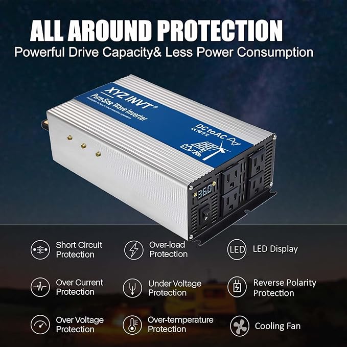 1800W Pure Sine Wave Inverter DC 36V to AC 120V, 3600W Peak Power with LED Display, Power Converter for Car, Truck, Solar, Home & Rechargeable Devices