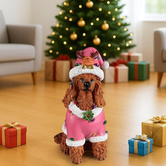 Christmas Decorations Outdoor Dog Statue, Resin Poodle Dog Sculpture with Pink Christmas Santa Outfit & Lights, Battery Operated Indoor Holiday Décor Gift for mom