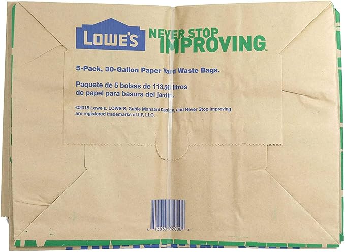Lowes 30 Gallon Paper Lawn and Leaf Trash Bags, 5 Count (Pack Of 3) 15 Total