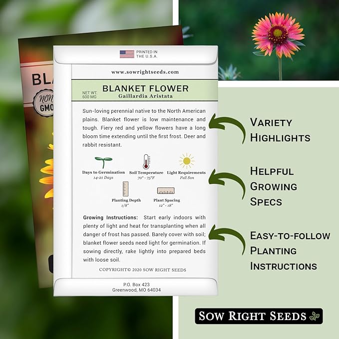 Sow Right Seeds - Blanket Flower Seeds for Planting - Non-GMO Heirloom Seeds Packet with Instructions to Plant Your Garden - Perennial Indian Gaillardia - Grow Native Gardens, Add a Color Bonanza (1)