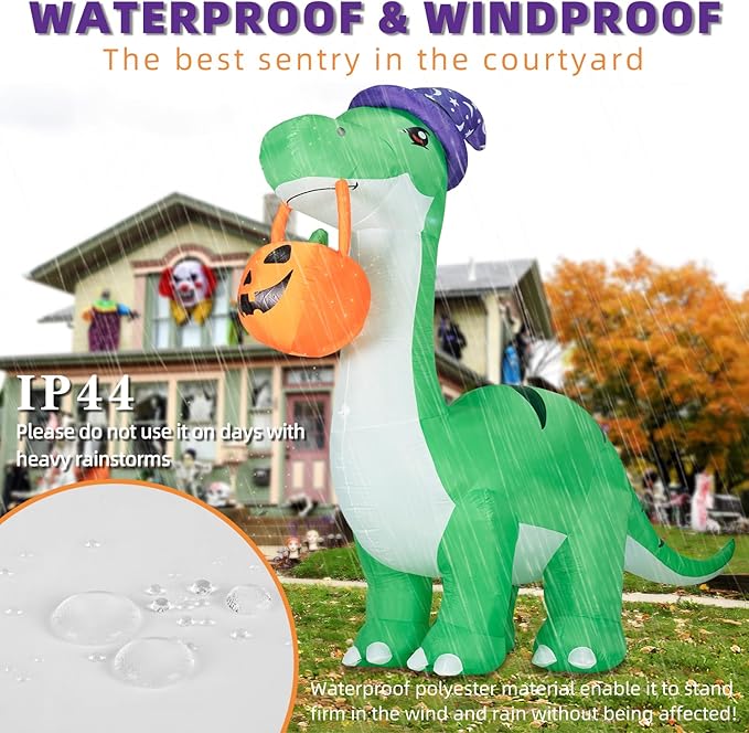 10FT Halloween Inflatable Huge Dinosaur Decorations Outdoor,Halloween Blow Up Yard Decorations Built-in LED Lights,Scary Party Decorations with Witch Hat and Pumpkin,for Garden/Lawn.