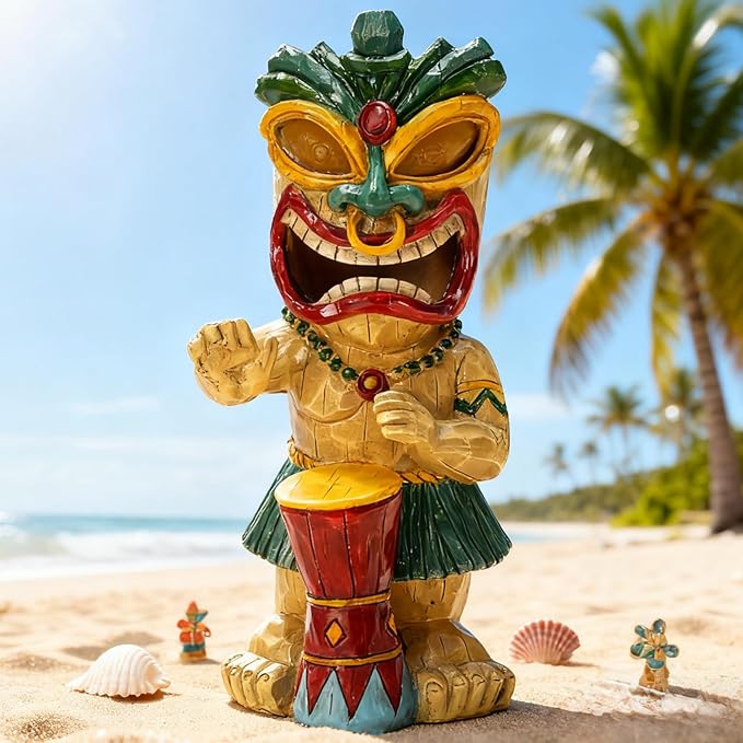 Solar Tiki Garden Statue with LED Eyes Outdoor Polynesian Drummer Hawaiian Party Decor Solar Light Ornament for Patio Porch Lawn Tiki Bar or Tiki Lover Funny Gifts