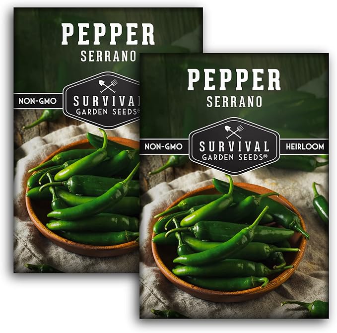 Survival Garden Seeds - Serrano Pepper Seed for Planting - 2 Packs with Instructions to Plant and Grow Spicy Mexican Peppers in Your Home Vegetable Garden - Non-GMO Heirloom Variety