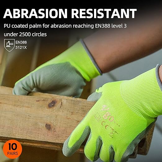Vgo... 10-Pairs Safety Work Gloves, Gardening Gloves, Polyurethane Coated, Dipping Gloves, Latex Free (Size XL, Yellow, PU2103)