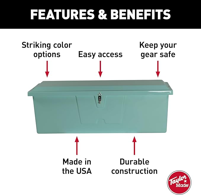 Taylor Made Stow N’ Go Standard Fiberglass Dock Box, Medium (24" H X 72" W X 23" D), Seafoam Green, Smooth Interior Finish, Lockable Latch, Stainless-Steel Hardware - 83552SF