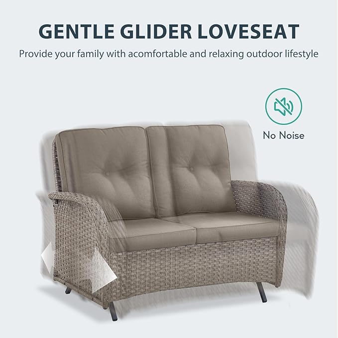 7 Piece Patio Furniture Set - Wicker Patio Conversation Set with Swivel Glider, Glider Loveseat, Tempered Glass Side Table and 2 Ottomans for Deck Backyard - Grey Wicker Grey Cushion