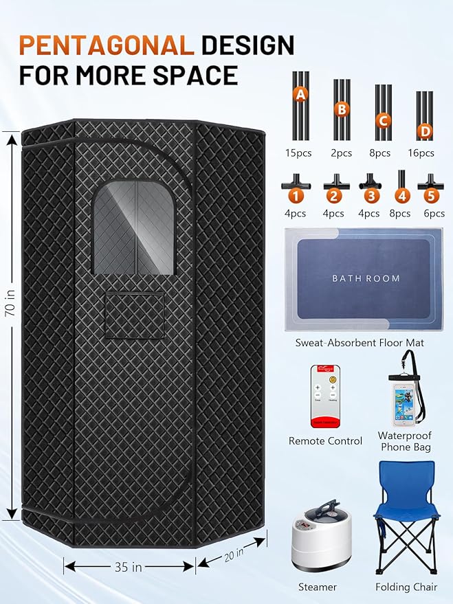 Portable Steam Sauna for Home, Portable Sauna Box Full Body for Home with 9 Adjustable Heat Levels, Steam Sauna with 3L 1500W Steamer, Folding Chair, 99 Minute Timer