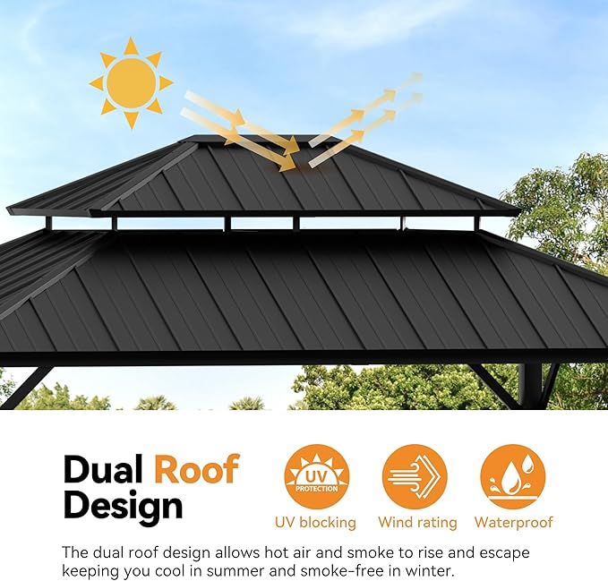 Modern Shade The Horizon Hardtop Gazebo 12' x 14' with 4 LED Lights, Permanent Outdoor Gazebo with Galvanized Steel Double Roof, Grill Pavilion with Decor Hooks, Mosquito Nettings, Black