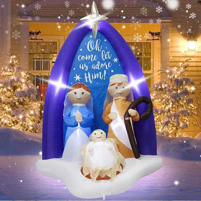 6Feet Inflatable Jesus Nativity Scene Outdoor Christmas Decoration with LED Lights,Indoor Outdoor Holiday Nativity Set Decor Easy to Install and Store Ideal for Lawn Garden Entryway Christmas Parties