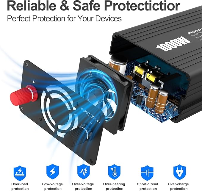 PiSFAU 1000w Inverter 12V to 110V, Power Inverter for Vehicles 1000 watts, Dc to AC Converter with 65W USB-C Inverter Charger for Road Strip, Camping, Emergency