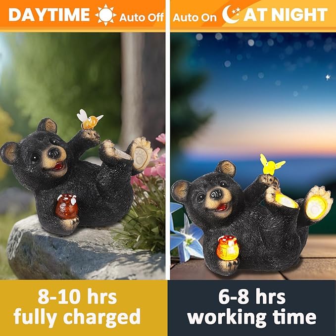 Solar Bear Garden Statues, Resin Garden Decor, Waterproof Black Bear Figurine,Solar Animals for Yard and Garden,Gifts for Mom, Women