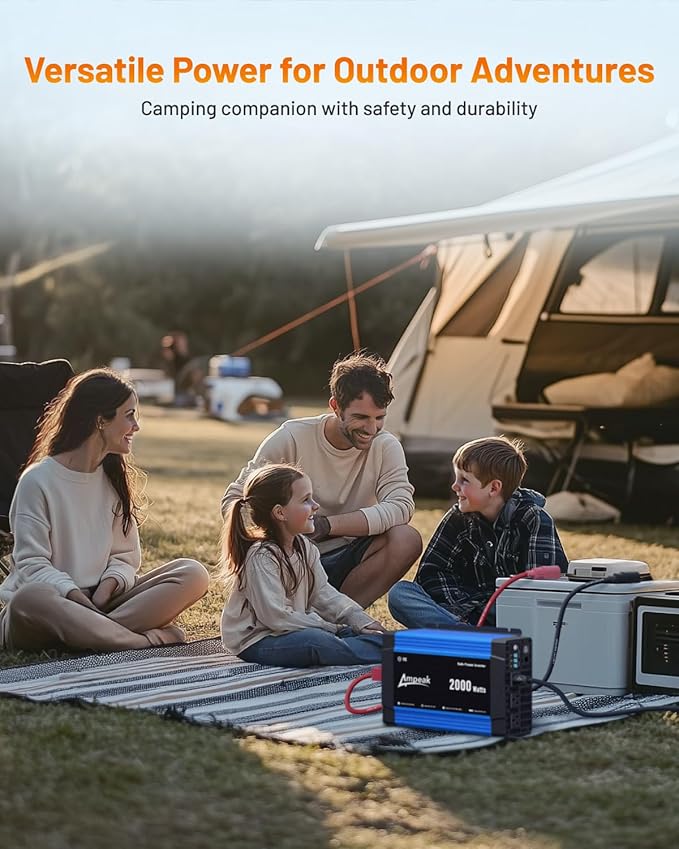 Ampeak 2000W Inverter with Anti-Spark Waterproof Cable Power Converter Conversion Efficiency 89.37% 12V to 110V 3AC Outlets Dual 5V/3.1A USB Ports Modified Sine DC to AC Inverter for Vehicles