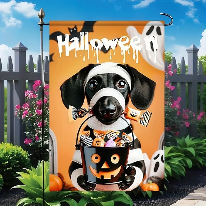 Halloween Garden Flags for Outside 12x18 Inch Double Sided Trick or Treat Dachshund Garden Flag Halloween Dog Skeleton Decorations Small Halloween Outdoor Yard Flag