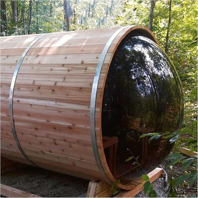 ZONEMEL Outdoor Barrel Steam Sauna with Panoramic View, Canadian Pine Wood Sauna for 3-4 Person with Porch, 6KW Heater, Rocks, 8mm Tempered Glass, Waterproof System