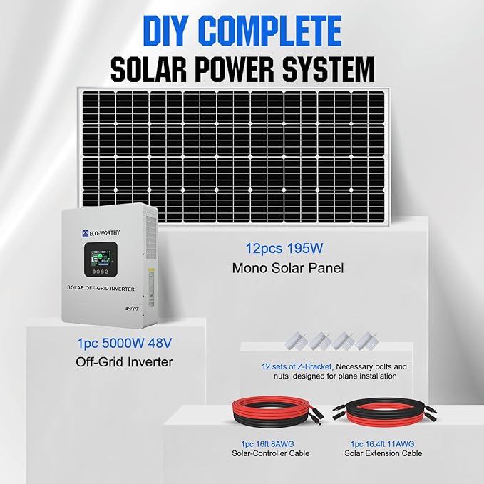 ECO-WORTHY 9.36KWH 2340 48V Solar Power System Kit Off Grid Solar Panel Kit with 5000W 48V All-in-One Off-Grid Charge Inverter and 12pcs 195W Mono Solar Panel and Z Mounting Brackets.Plug and Play