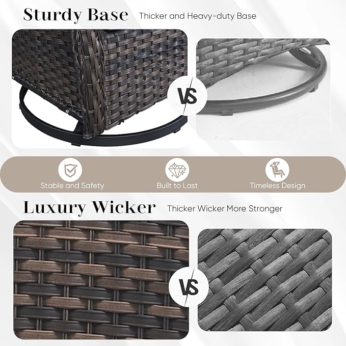 HUMMUH 3-Piece Swivel Rocking Rattan Chair Outdoor, Patio Bistro Furniture Conversation Set,Cushioned Wicker Chair with Glass Coffee Table(Brown, Grey)