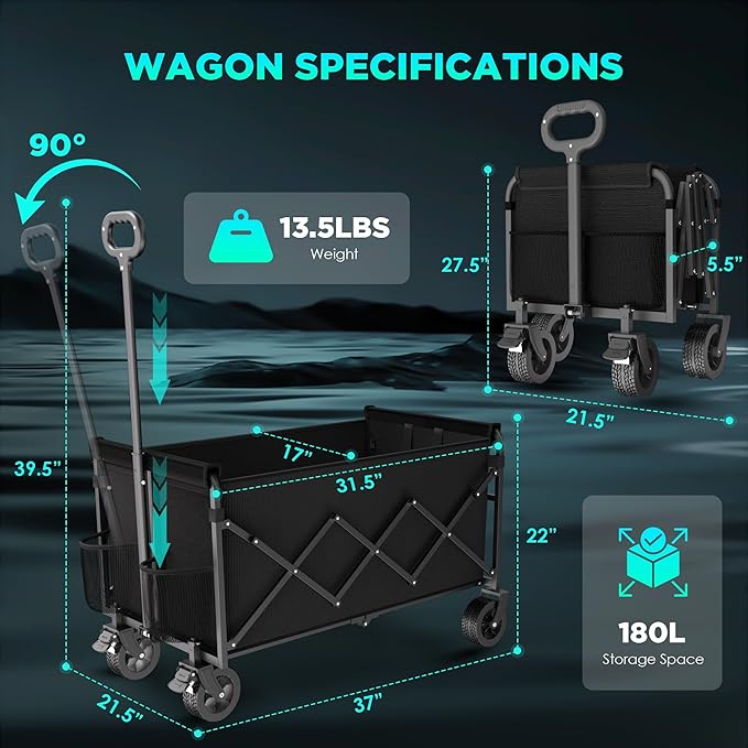 Wagons Carts Foldable Collapsible Foldable Extended Wagon with 500lbs Weight Capacity, Heavy Duty Folding Utility Garden Cart with Big All-Terrain Beach Wheels & Drink Holders