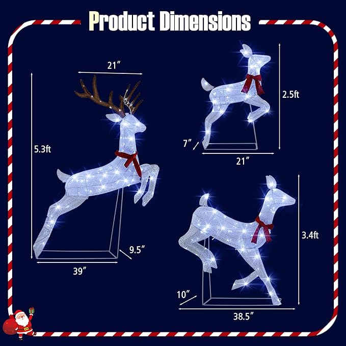 Tangkula 3-Piece Christmas Lighted Reindeer Family Set, Xmas Pre-Lit Reindeer with 255 Cold White LED Lights, Ground Stakes & Zip Ties, All-Weather Festive Decoration for Indoor Outdoor