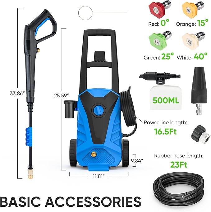 DUMOS Electric Pressure Washer, High Pressure Cleaning Machine with Foam Cannon, 2.0 GPM Power Washer with 5 Quick Connect Nozzles for Fences Decks Patios