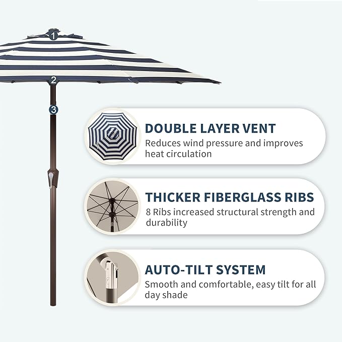 PatioKingdom Auto-Tilt 9FT Patio Umbrella Outdoor with 8 Sturdy Fiberglass Ribs,Market Table Umbrella for Pool,Backyard,Deck and Garden