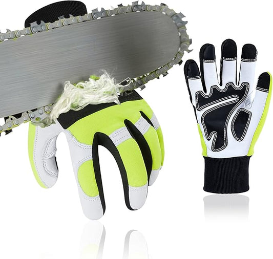 Vgo... 1Pair Chainsaw Gloves, 12-Layer Chainsaw Protection on Left Hand Back,Goat leather Work Gloves, Mechanic Gloves