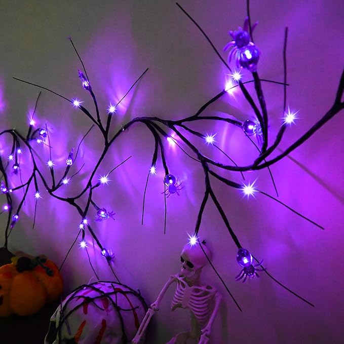Halloween Decor Lights 6.5 Ft 54 LED Willow Vine Twig with Timer Battery Operated Garland Light 18 LED Spiders and 36 Purple Lights Halloween Party Scary Decoration for Home Wall Fireplace