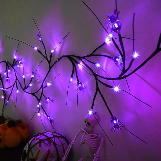 Halloween Decor Lights 6.5 Ft 54 LED Willow Vine Twig with Timer Battery Operated Garland Light 18 LED Spiders and 36 Purple Lights Halloween Party Scary Decoration for Home Wall Fireplace