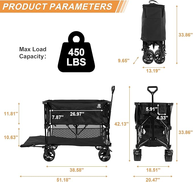 Collapsible Foldable Camping Wagon, Extra Large Capacity 480LBS Utility Cart, All Terrain Heavy Duty Beach Cart with Wheels & Storage Pockets, Portable Wagon for Outdoor Shopping Picnics