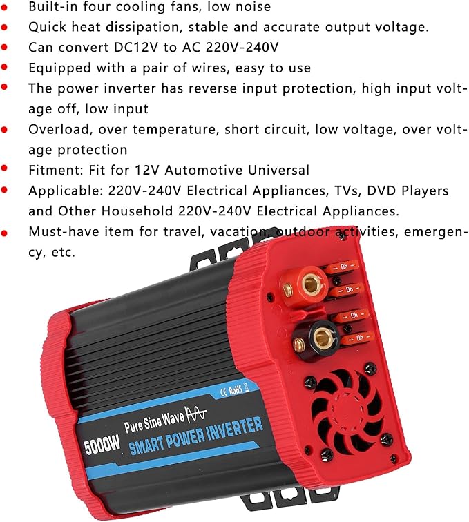 5000W Car Power Inverter DC 12v to 120V AC Converter Fast Pure Sine Inverter Car Adapter