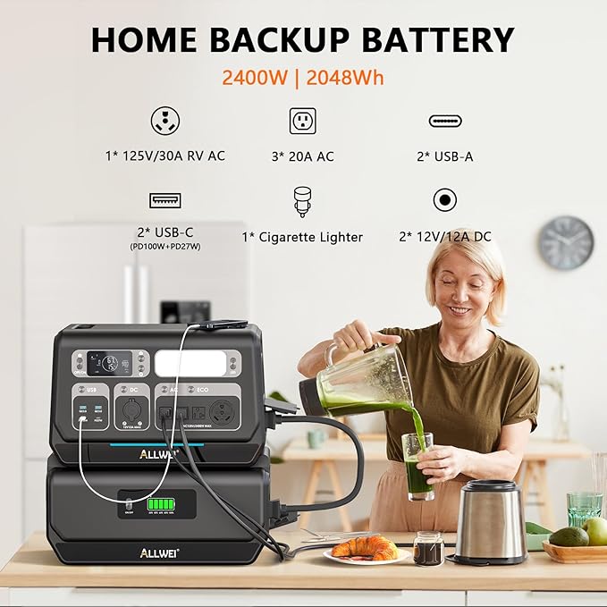 ALLWEI 2400W Portable Power Station and 1x B200 PRO Expansion Battery, 4096Wh LiFePO4 Battery 4 AC Outlets Up to 2400W for Home Backup, Outdoor Camping, RV, with 1500W AC Charging&1200W Solar Charging