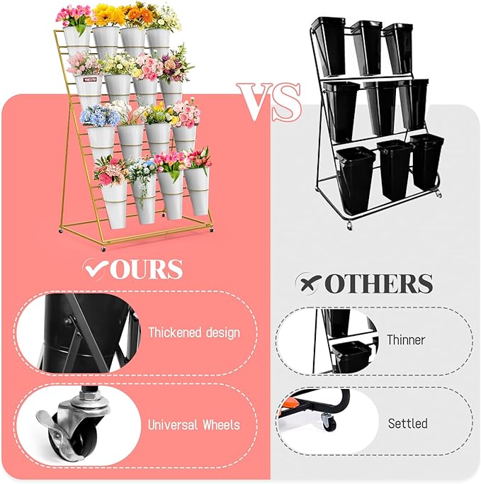 Flower Display Stand with Buckets, 4 Layers 16 PCS Buckets Plant Stand with Wheels, Movable Metal Plant Stand for Terrace Garden, Living Room, Florist Shop (Gold Frame - White Buckets, 4-Tier- 16 Buckets)