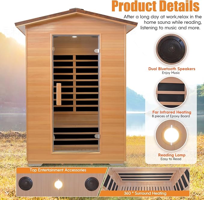 Far Infrared Sauna Home Sauna Outdoor Sauna for 2 Person, Dry Sauna with Low EMF 1950W,with Towel Rack and Cup Holder,Canadian Hemlock Wood