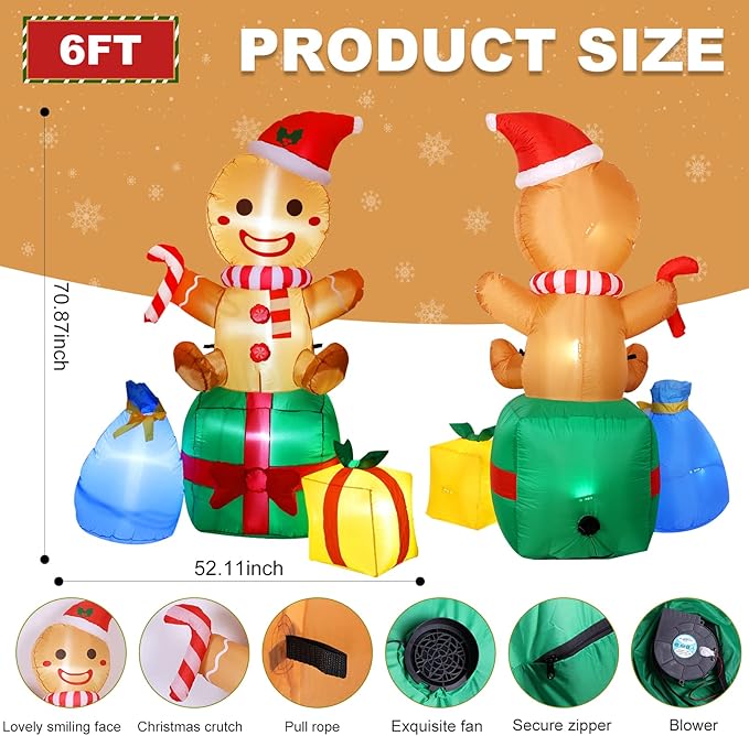 Christmas Inflatables Outdoor Decorations Gingerbread Man, 6ft Inflatable Christmas Yard Decorations with Build-in Bright LEDs Blow-up Yard Decorations for Outdoor Indoor Lawn Garden