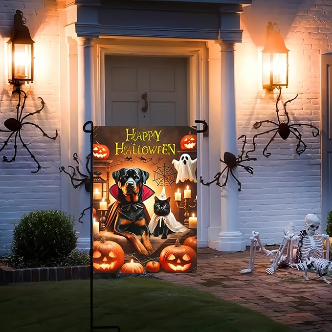 Happy Halloween Garden Flag Double Sided 12x18 Flag Halloween Cat Dog Ghosts Pumpkins Garden Flag Holiday Decoration Rottweiler Black Cat Garden Flag Porch Outdoor Yard Lawn Patio Banner