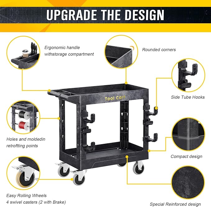 Heavy Duty Garden Tool Carts,600LBS Capacity 2 Tier Yard Tool Storage Rack with Side Hooks Garage Tool Cart with 360°Swivel Wheels Outdoor Garden Tool for Shed, Yard, Garage,Black