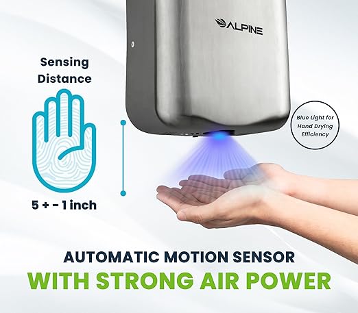 Alpine Industries Hemlock Automatic Hand Dryer - Heavy Duty Stainless Steel | 1800Watts | 110-120Volts (Brushed Stainless Steel)