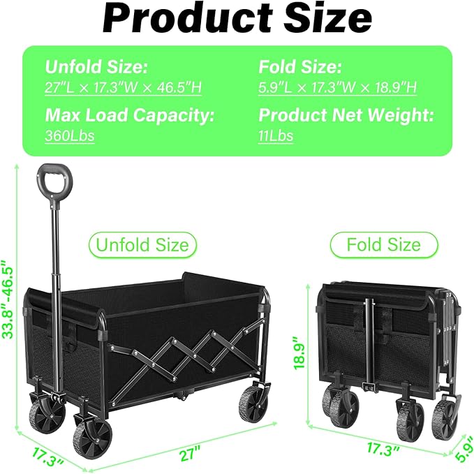 Wagons Carts Foldable - 360Lbs Collapsible Folding Wagon - Wagon Cart with Wheels Portable for Sports, Camping, Storage, Travel, Shopping