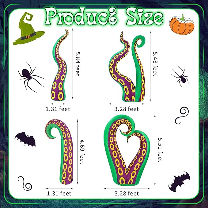 4 Pcs 6 FT Lighted Giant Inflatable Octopus Tentacles for House Trunk or Treat Blow up Halloween Car Decorations with Build in LED Lights for Window Door Roof Prop Outdoor
