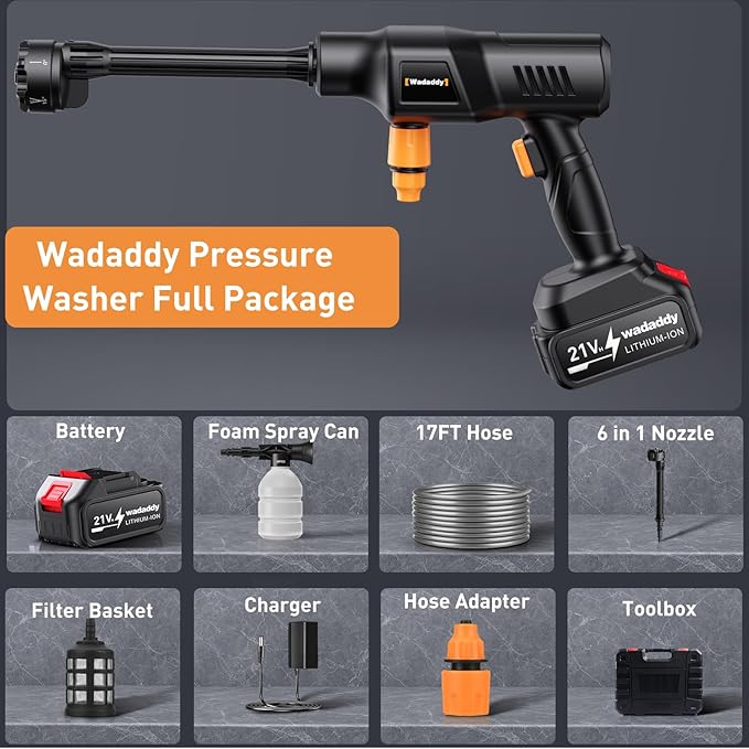 Cordless Power Washer, 900 PSI Cordless Pressure Washer, Portable Power Washer with 3.0Ah Battery&Charger & 6-in-1 Nozzle, 17FT Drain Hose, Portable Pressure Washer for Car WashHomeYard