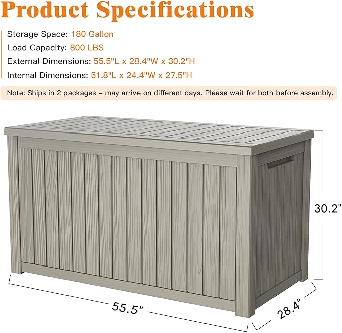 Outdoor Storage Box - Lockable Waterproof UV-Resistant Resin Deck Box for Patio Cushions, Pool Accessories (Grey, 180 Gallon)
